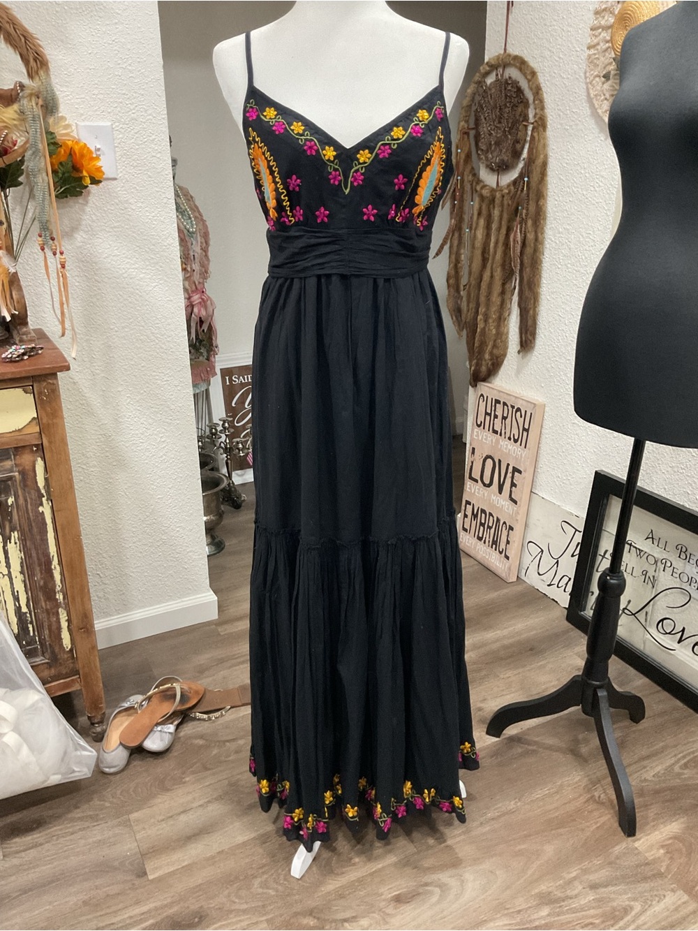Alberto Makali Black Maxi Dress with Pink and Yellow Embroidery